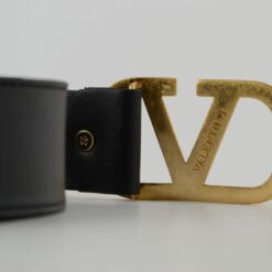 Valentino Garavani Black Leather Belt with Gold Buckle