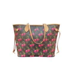 Cherry Monogram Neverfull MM style tote bag with red interior