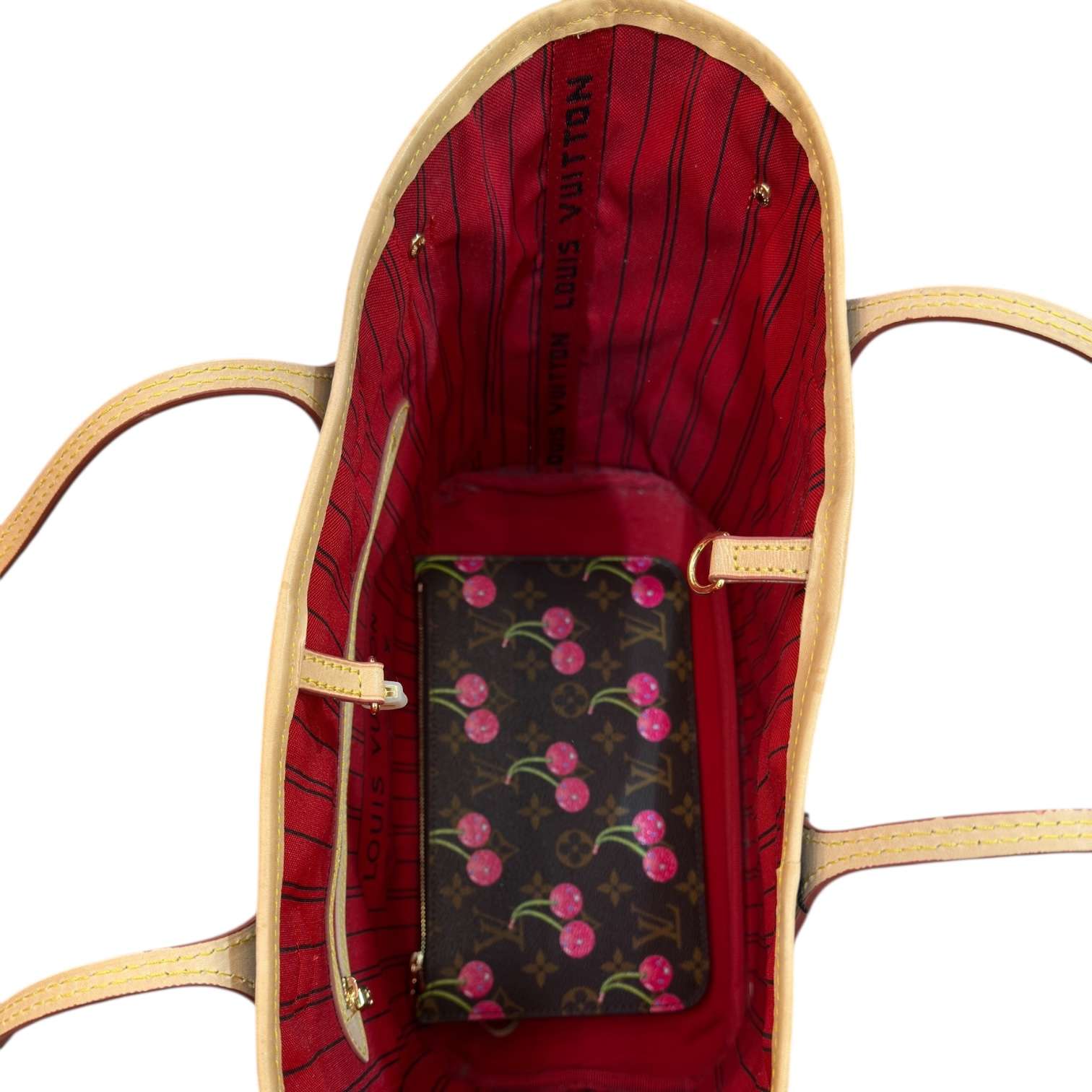 Cherry Monogram Neverfull MM style tote bag with red interior