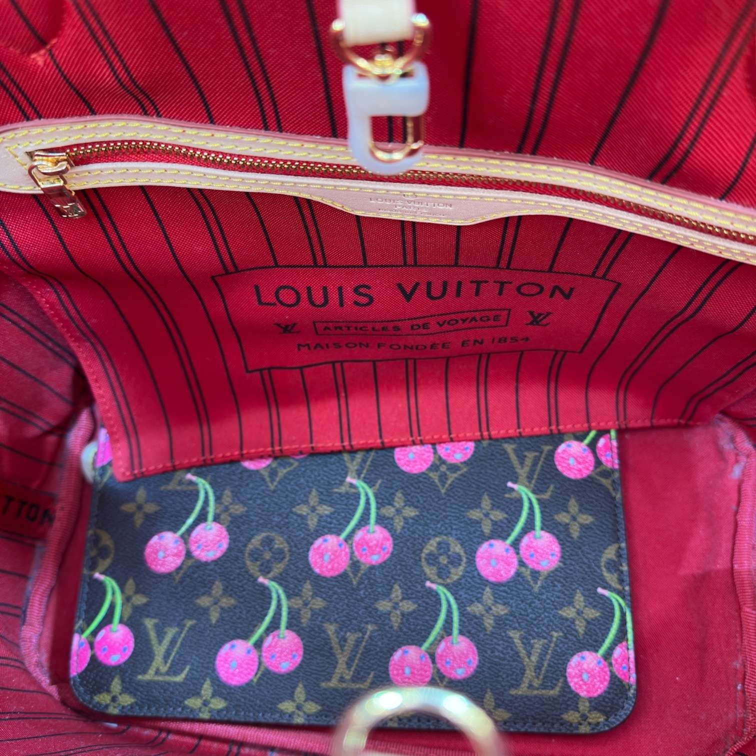 Cherry Monogram Neverfull MM style tote bag with red interior